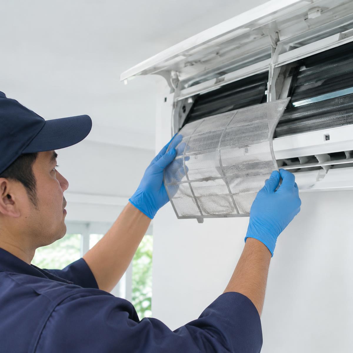 Profissional realizando higienização de ar-condicionado
